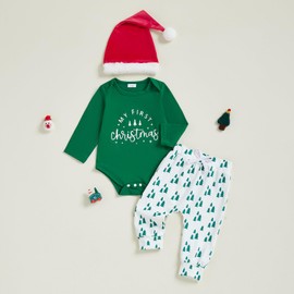 Newborn Baby Boy Girl Christmas Outfit Gingerbread Man Christmas Tree Romper Bodysuit Pants Hat Set Xmas Clothes (Green-A, 0-3 Months)