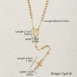 Gold Rosary Bead Cross Necklace for Women Men with Virgin Mary, Sun Drop Dangles, and Miracle Medal Pendant. A Beautiful Gift Idea. (4mm)