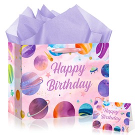 Outer Space Party Decorations Pink Outer Space Gift Bags Two The Moon Birthday Decorations Planets Galactic Solar System Theme Gift Wrapping Paper Bag for Christmas Girls Kids 1st 2nd Birthday Baby Shower Party