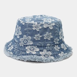 Quanhaigou Frayed Unisex Sun Hats, Fashion Beach Bucket Hat for Men Women,Summer Outdoor Boy's Girls Boonie Cap (Denim Floral L.Blue)