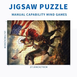Jesus Rides a Velociraptor 1000 Piece Jigsaw Puzzles for Adults Waving American Flag Art Jigsaw Puzzle Challenging Family Activity Games Colorful DIY Craft Puzzle for Home Decor Gifts 20×27 Inches