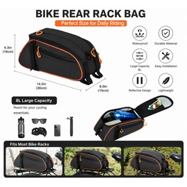 Bike Trunk Bag for Rear Rack, 8L Waterproof Bicycle Bag with Shoulder Strap