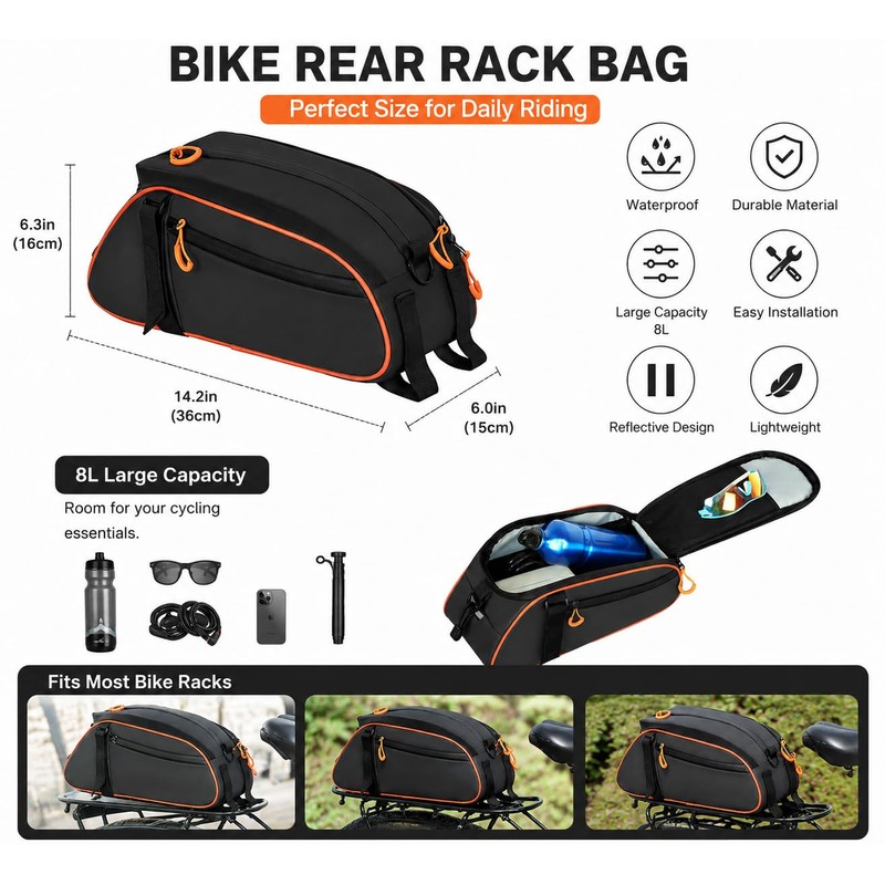 Bike Trunk Bag for Rear Rack, 8L Waterproof Bicycle Bag