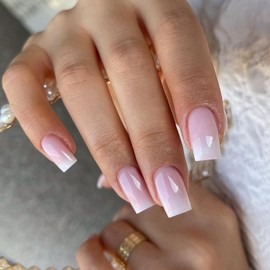 KQueenest Ombre Pink Press on Nails Short Medium Square Glue on Nails White and Pink, French Fake Nails Short Coffin, Acrylic Nails Press on, Gradient Gel Nails For Women Winter 24 Pcs