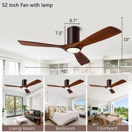 Flush Mount Ceiling Fans, 52 Inch Ceiling Fan with Remote/APP Control,3CCT Dimmable Lights,Noiseless Reversible DC Motor,3 Solid Wood Blades,Low Profile Ceiling Fans for Bedroom,Farmhouse,Patio
