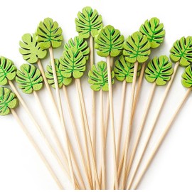 Cocktail Picks, Fancy Green Leaf Toothpicks for Appetizers, 100 Counts 4.7" Bamboo Wooden Decorative Sticks for Fruits, Food Picks Skewers for Hawaiian Party Garnish-Palm Leaves