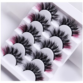 Coloured Lashes, 5D False Lashes with Colour Faux Mink Eyelashes Wispies Fluffy Coloured Eyelashes Dramatic Strip Lashes for Christmas Cosplay Costumes Fake Eyelashes 5 Pairs Pack (Pink)