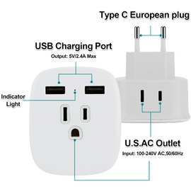 European Travel Plug Adapter,Canada Us to European Plug Adapter with 2 USB,3 in 1 Multifunctional Travel Conversion Plug for US Canada to Most of Europe Italy Spain Greece (1 PCS)