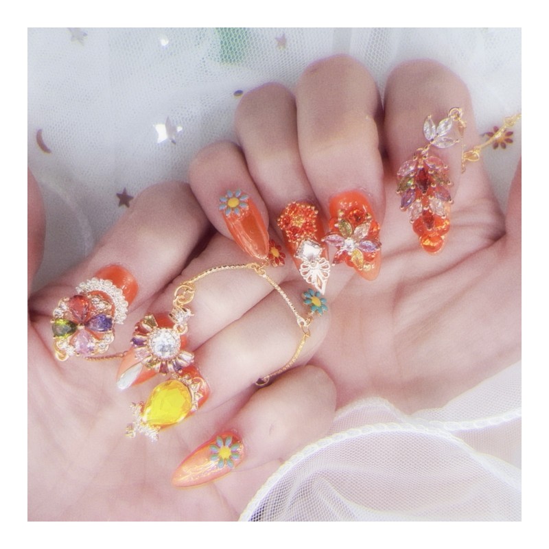 ❗Limited❗Orange Flower Handmade Nail Tips - Short Almond / ❗한정❗오렌지플라워