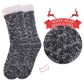 SDBING Women's Winter Super Soft Warm Cozy Fleece Lined Fuzzy Slipper Socks with Grippers (Black and White, 6-10)