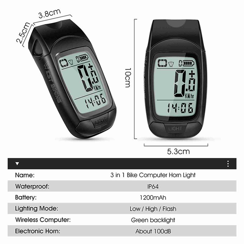 3 in 1 Bike Computer with Headlight Horn IP64 Multifunction