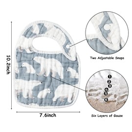 Zainpe 6Pcs Muslin Cotton Baby Bibs Tree Snowflake Bear Bib Adjustable Neutral Burp Cloths with 6 Absorbent Soft Layers for Unisex Infant Toddler Newborn Drooling Feeding Teething