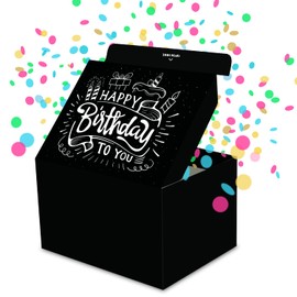 FETTIPOP Gift Box Surprise Exploding Confetti Kit (Black Premium) Happy Birthday, Prank Pop Up 7.2x5.5x4.3 in.
