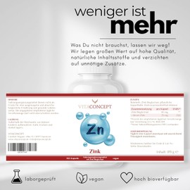 Zinc Capsules, Annual Supply, 365 Pieces, High Dose 25 mg per Capsule, High-Quality Zinc Bisgylcinate, No Additives such as Magnesium Stearate, Vitaconcept