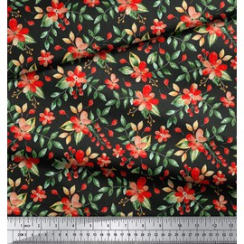 Soimoi 180 GSM Floral Printed 60" Inches Wide 2-Way Stretch Velvet Fabric by The Yard - Black