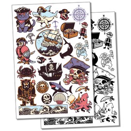 Pirates Skulls Ships and Sharks Temporary Tattoo Water Resistant Fake Body Art Set Collection - Black (One Sheet)