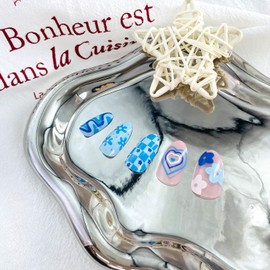 LWTZLW Blue French Tip Press on Nails Medium Almond False Nails Flower Full Cover Glue ons Nails Blue Plaid French Tip Oval Acrylic Fake Nail Wave Glossy Artificial Nails Reusable for Women