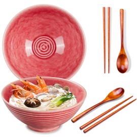 Ceraozmus Ceramic Ramen Bowl Set - Set of 8, 2 x Ramen Bowls with Chopsticks, Ceramic Bowl & Frame Spoon for Asian Noodles and Udon (2-Piece Bowl Set) (Pink 2 sets)