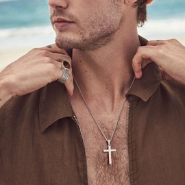 Txdvbls Cross Necklace for Men | Silver Polished Stainless Steel 1.2'' Christian Pendant with 22inch Cuban Chain for Daily Wear