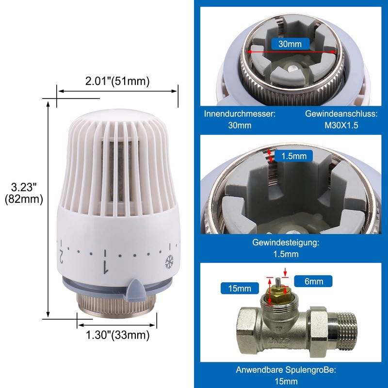 Wengart Thermostatic Radiator Head, M30x1.5, Heating System Temperature Control Head,