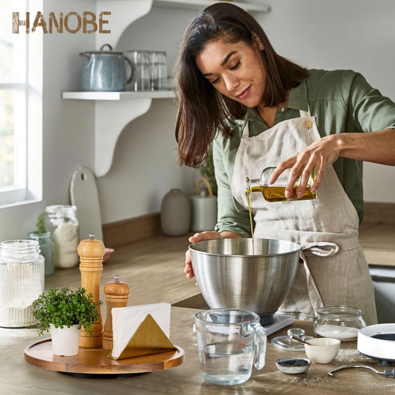 Hanobe Wood Tray Lazy Susan: Round Acacia Wooden Turntable Decorative