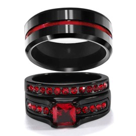 lvrong Couple Rings His Her Wedding Ring Sets Matching Rings Red CZ Black Rings Titanium Men Ring
