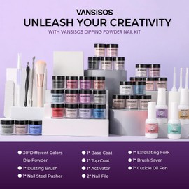 VANSISOS Dip Powder Nail Kit: 30-Color Set with Glitter Pink and More Colors Dip Powder Liquid Set Base Top Coat Activator Starter Kit for DIY At Home for French Manicures