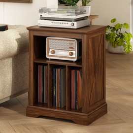 RowyPoey Farmhouse Record Player Stand, 3 Tier End Table, Turntable Stand with Vinyl Record Storage ,Wood Record Holder Cabinet Dispaly Shelf for Living Room,Bedroom,Rustic Brown