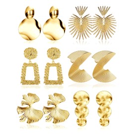 FIBO STEEL 6 Pairs Clip on Earrings Gold Statement Earrings for Women Dangle Clip On Earrings Leaf Butterfly Square Hoops Round Exaggerated No Piercing Fake Earrings Set Wafer