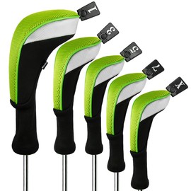 Andux 5pcs/Set Golf 460cc Driver Fairway Wood Club Head Covers Long Neck Replaceable No. Tags Black/Green