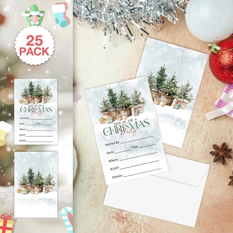 TIOFUNO Christmas Party Invitations, 25 Cards with Envelopes, Double-Sided Christmas