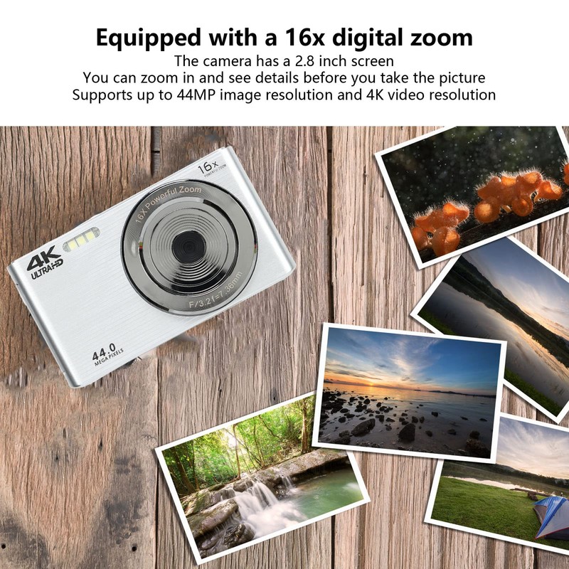 Digital Camera 4K 44MP HD Mini Camera, 2.8 Inch 16x