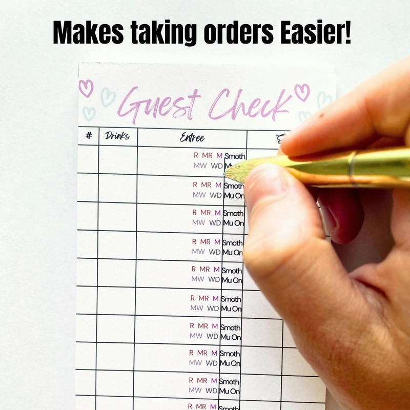 Guest Check Server Notepad with Steak Temperatures and Smothers, Waitress