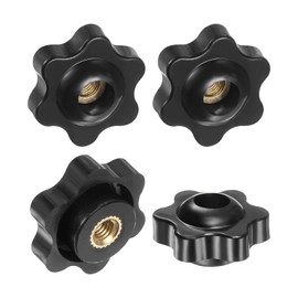 M METERXITY 4-Pack 6 Star Knobs, M5 Female Thread 25mm Hexagon Head Through Hole Clamping Grip Handles for Machinery/Electronic/Woodworking, Brass Screw-On Threaded Knob [Black]