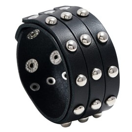 WODOUKEI Men's Genuine Leather Cuff Punk Metal Rock Bracelets for Men Women, Metal Emo Beads Bracelets Wristbands Adjustable Wrap Black