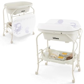 INFANS 2 in 1 Baby Changing Table with Bath Tub Unit, Folding Diaper Dresser Station with Wheels Waterproof Pad Storage Rack, Portable Nursery Organizer Stand for Newborn Infant (White)