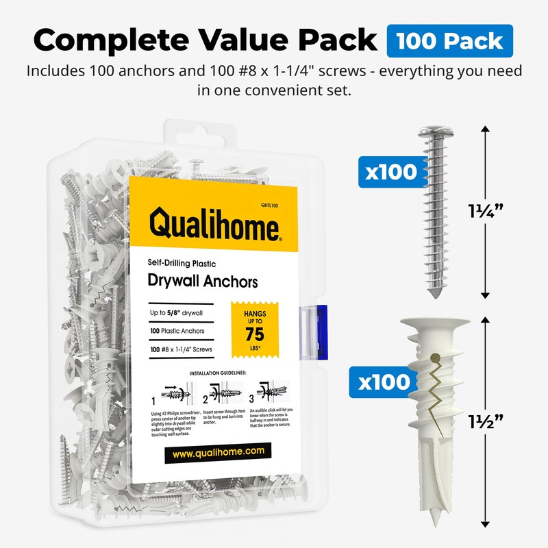#8 Self Drilling Drywall Plastic Anchors with Screws - No