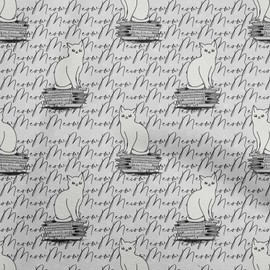 oneOone Rayon Light Gray Fabric Animal Cat with Text Texture Sewing Material Print Fabric by The Yard 56 Inch Wide