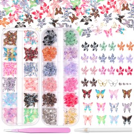 CESUSME 3D Colorful Flower Butterfly Nail Charms with Rhinestones, Spring Summer Acrylic Hawaii Flower and Colorful Butterfly Nail Charms and Gems for Manicure Art DlY Crafts Supplies
