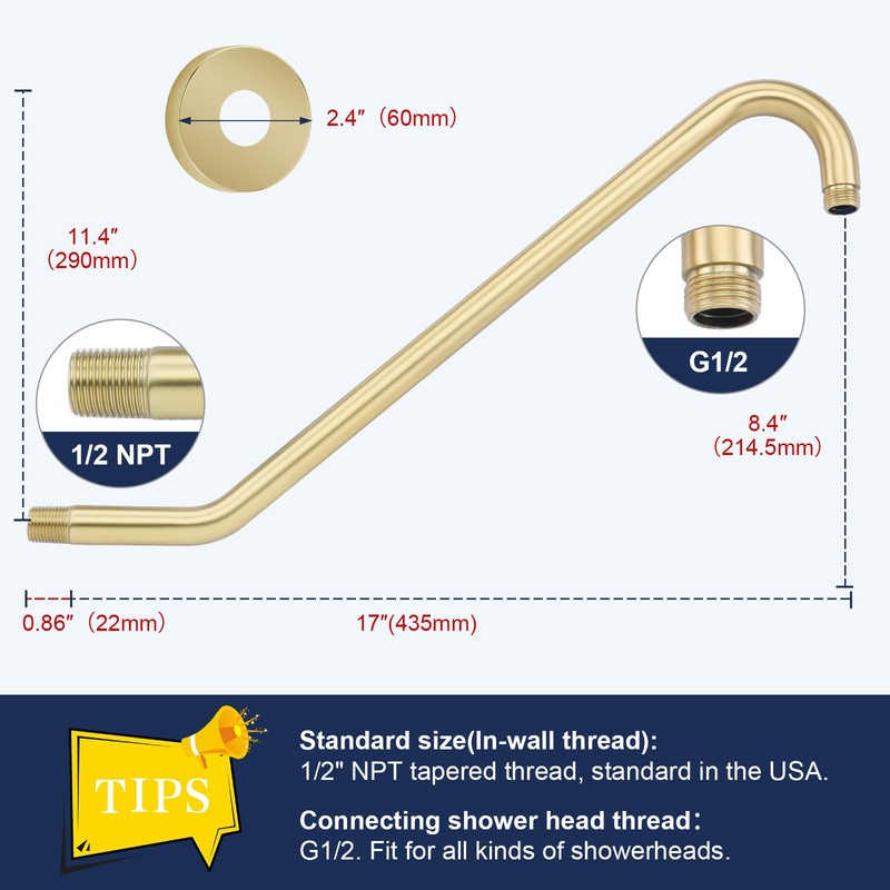 Shower Extension Arm with Flange Uvish 17" Shower Head Riser