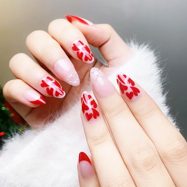 24 Pcs Valentine's Day Press on Nails with Pearl Designs,