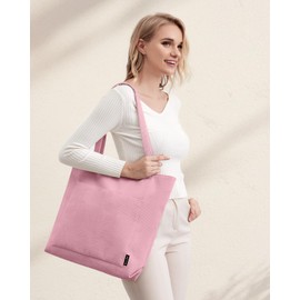 Prite Corduroy Tote Bag for Women Large Shoulder Bag with Zipper and Pockets for College School Work Travel Shopping (Pink)