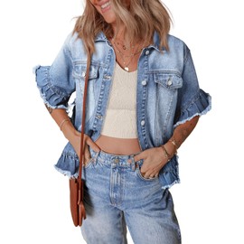 Sidefeel Womens Denim Jackets Casual Short Sleeve Button Down Ruffle Jean Jackets Trendy Washed Jean Jackets Light Blue M