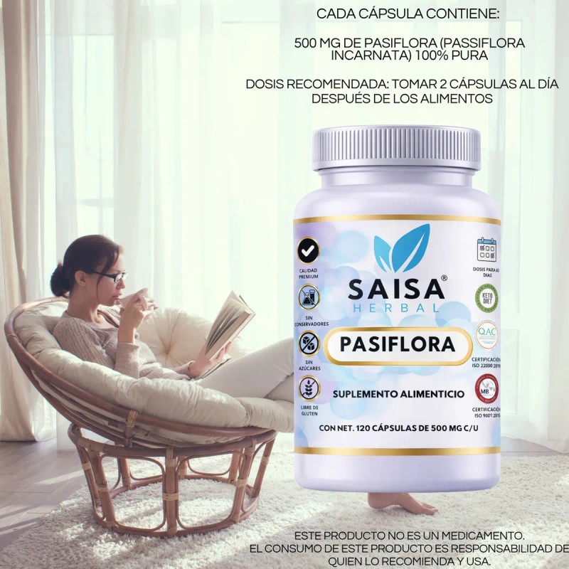 Pasiflora 100 Pura 120 Cápsulas Suplemento Alimenticio Saisa Herbal