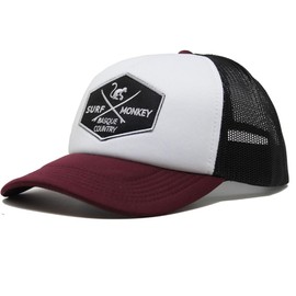 Trucker Cap - Curved Visor - One Size - Adjustable Snapback Cap - Surf Monkey® - 5 Panel Design with Foam - Surfing The Basque Country (Burgundy/Black)