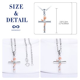 INFINIONLY Cross Necklace and Earrings for Women and Girls, 925 Silver Jewellery Sets, Silver Cross Matches Rose Gold Flowers, Inlaid Zircon, Colour Electroplating Process, Stylish Elegant, Cubic