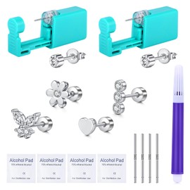 AVYRING Ear Piercing Gun Kit - 2 Pcs Silver Self Ear Piercing Kit with Earring Stud Hypoallergenic Steel Tools at Home 20g Flat Back Earrings