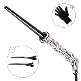 Le Angelique 1/4 to 3/4 Inch Tapered Ceramic Curling Wand for Thin Hair & Tight Curls - 9-18mm Professional Clipless Curler Iron with Glove and 2 Clips | 430F Instant Heat | Dual Voltage - White Zebra