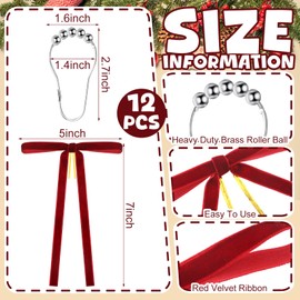 Moxweyeni 12 Pcs Christmas Bow Shower Curtain Hooks Decor Red Vintage Velvet Knot Bows Shower Curtain Hooks for Christmas Metal Bathroom Decoration