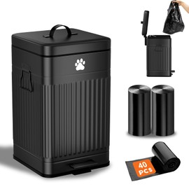 Kopuncare Dog Poop Trash Can Outside, 12L/3.1Gal Metal Dog Waste Trash Can with Lid, Foot Pedal, Waste Container with 40 Bags, Pet Poop Bucket with Lid Soft Close for Pet, Rectangular Black